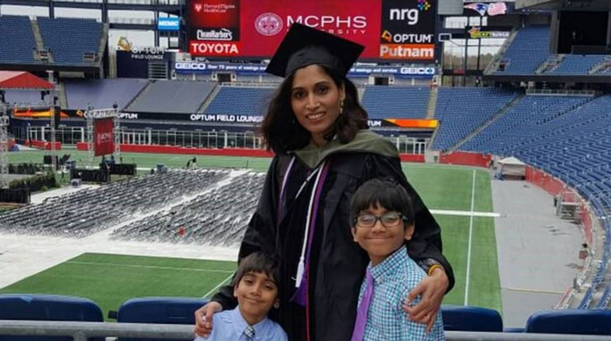 Bisni Narayanan with her two children after graduating with her Non-Traditional Doctor of Pharmacy