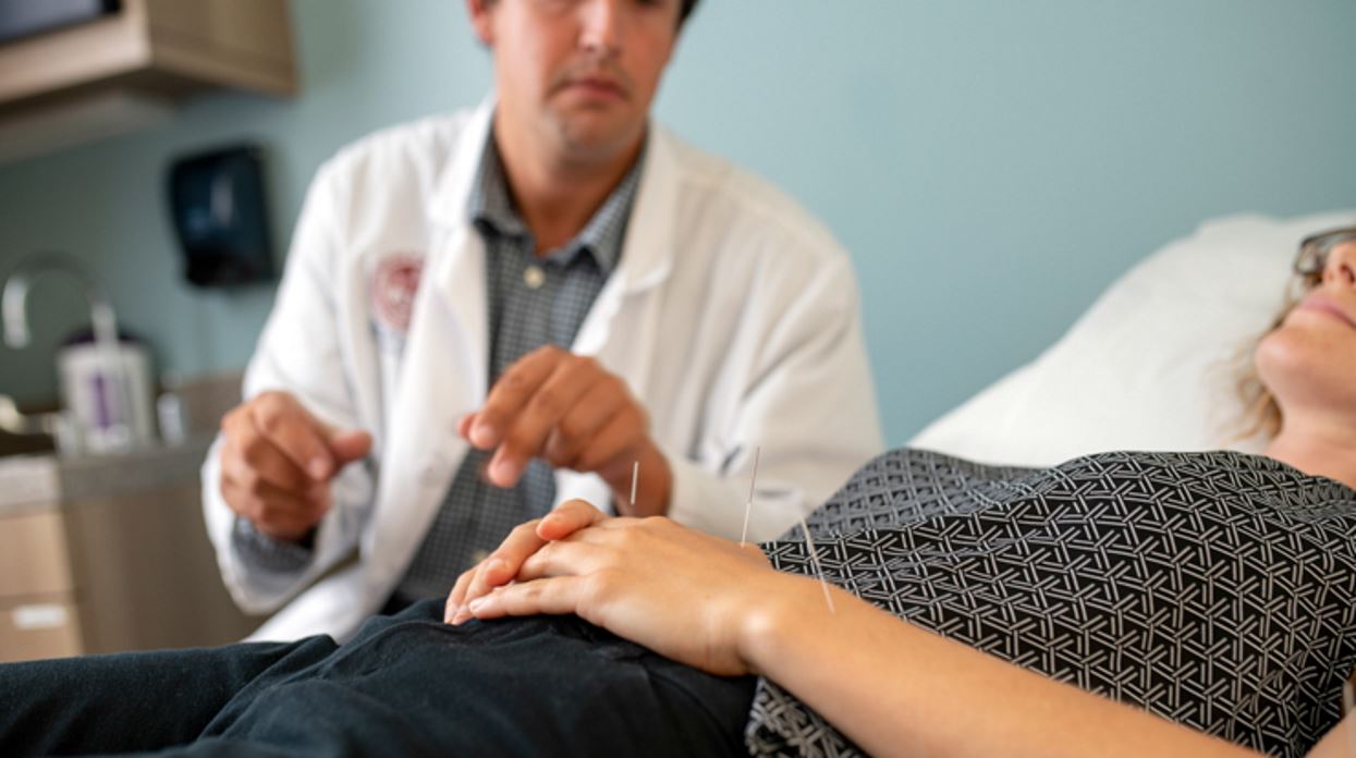 acupuncture student at MCPHS with patient