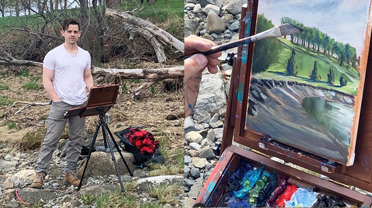 Two photos side by side, one of Jacob Garcia in the woods, the other of a painting of trees on a canvas