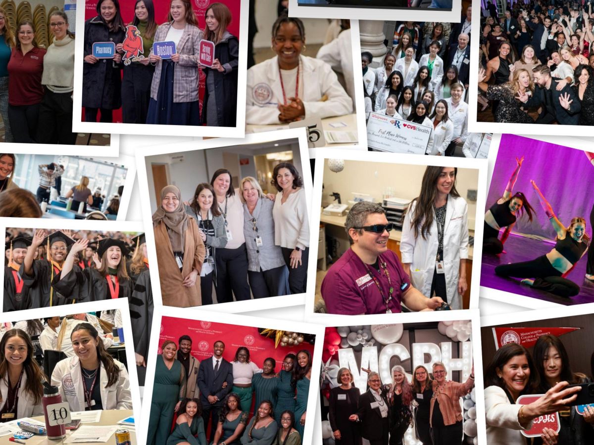 Close up of the Newsletter cover with multiple photos of the MCPHS community.