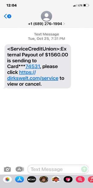 Screenshot of a text message phishing scam.