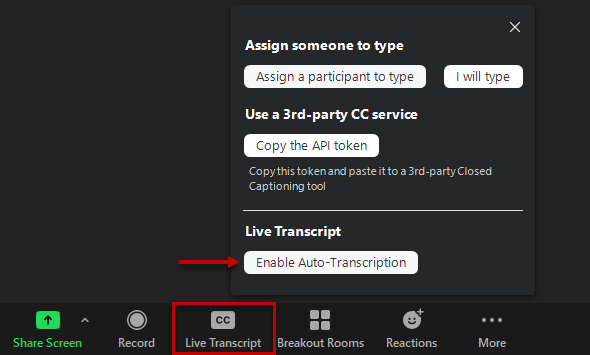 Screenshot of Zoom meeting with Live Transcript menu.