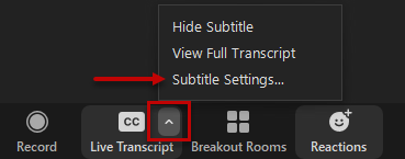 Screenshot of Zoom Live Transcript menu showing subtitle settings.